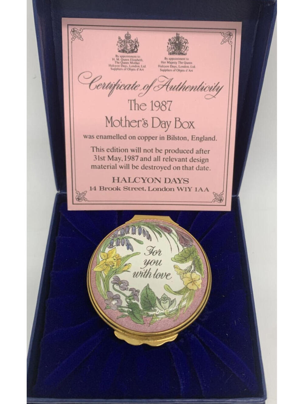 Halcyon Days Mother's Day 1987 Enamel Trinket Pill Box W/ coa & Presentation Box
